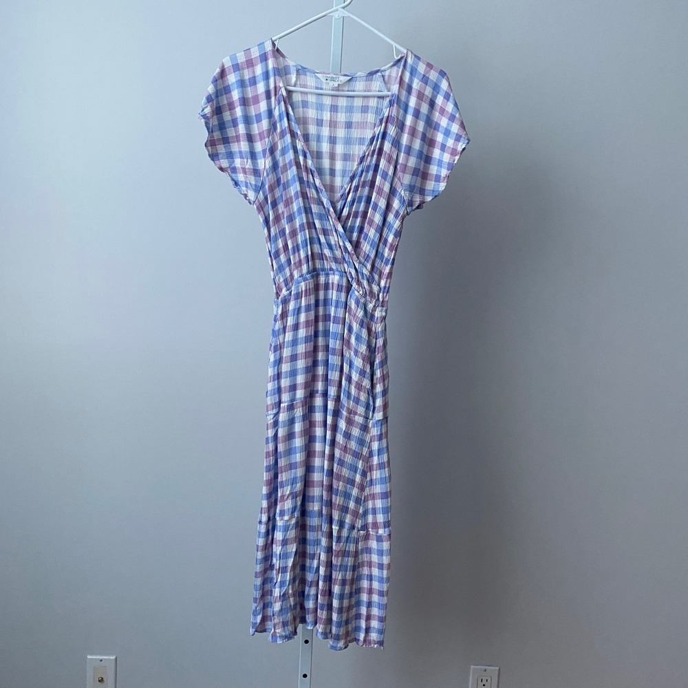 Market Spruce Boho Beachy Relaxed Gingham Plaid Surplice Midi Dress S Purple